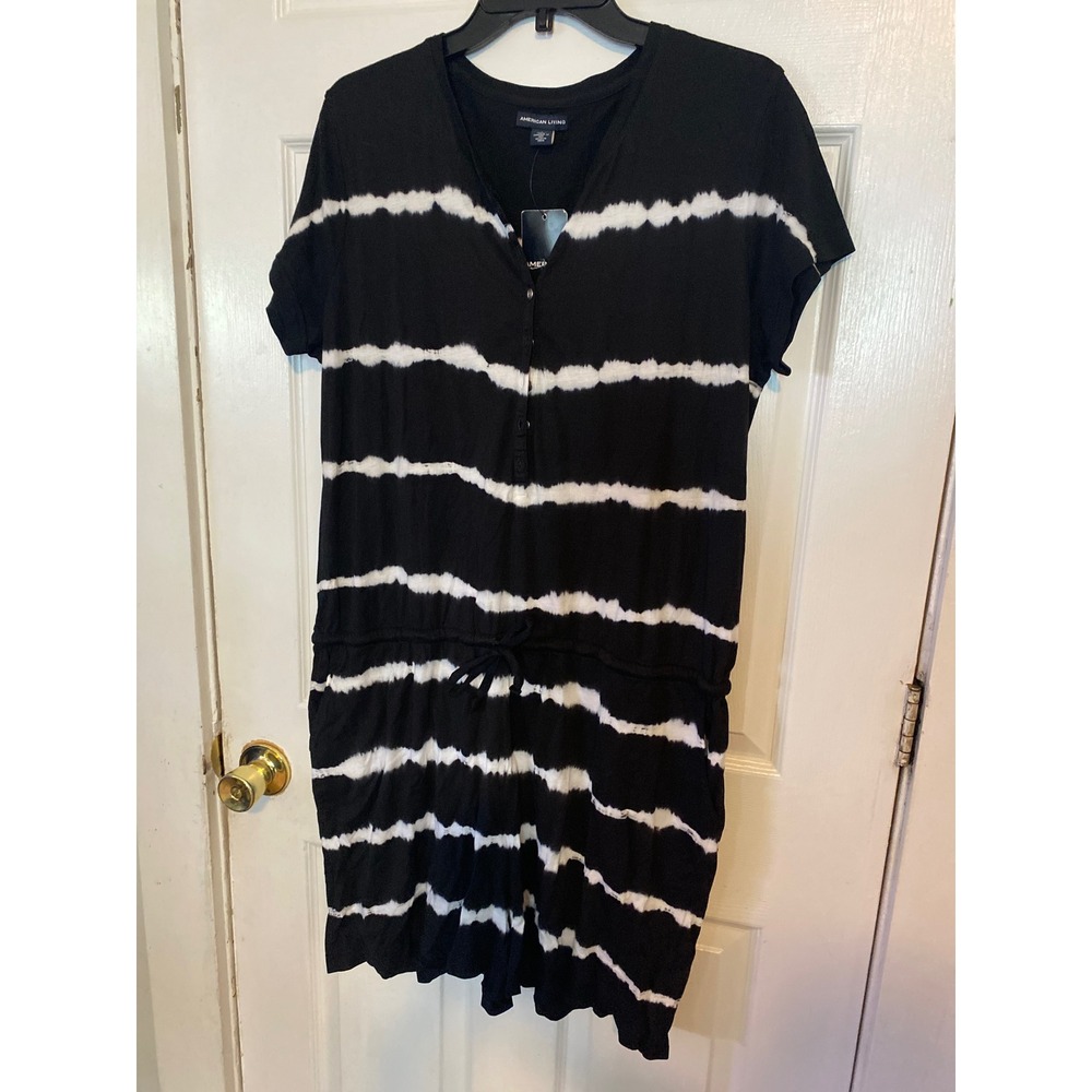 American Living Womens Black White Tie Dye Stripe Henley Romper Size Large NWT